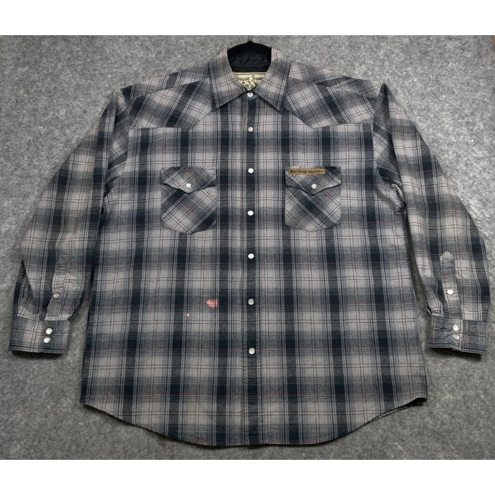 Jesse James Work Wear Pearl Snap Shirt Gray Large Plaid West Coast Choppers